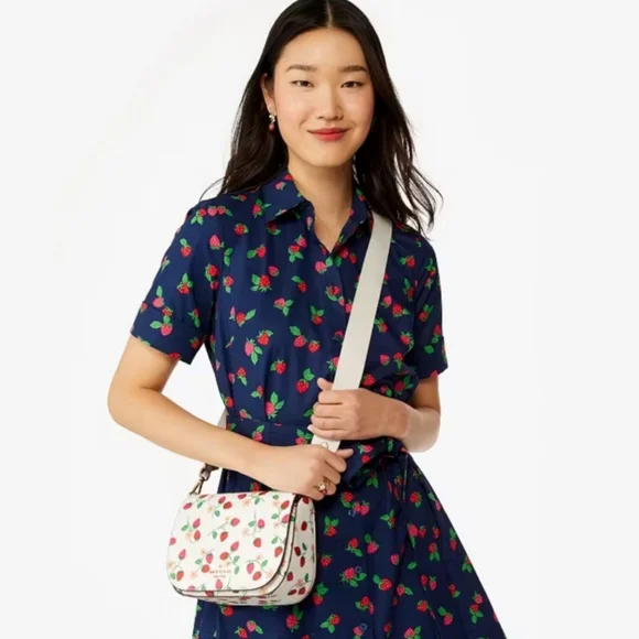 Kate Spade Madison Strawberry Vine Printed Saffiano Saddle Bag, Cream - Picture 11 of 12